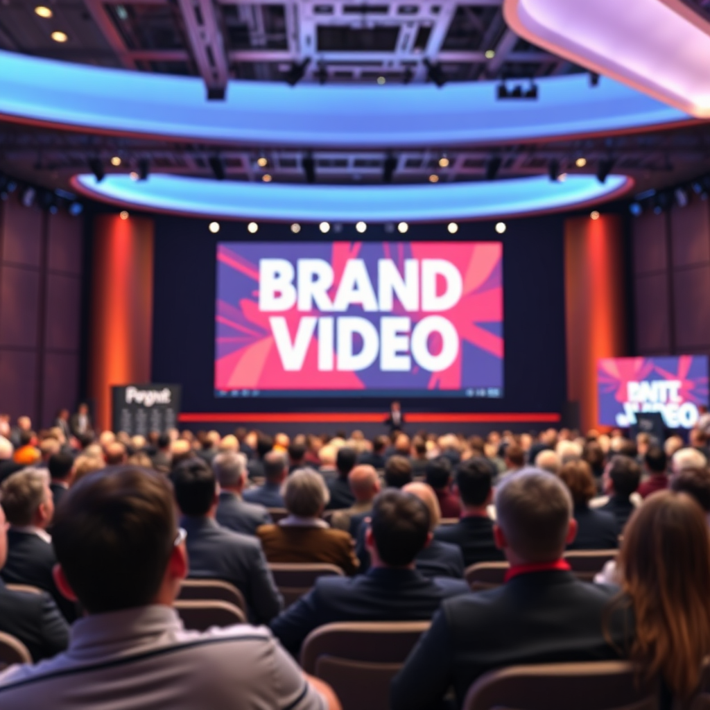 Create a photorealistic image showcasing a high-quality corporate video being shown at a large conference. The video is sleek and professional, captivating the audience. The background is a modern, high-tech environment, emphasizing the video's impact. The colors are vibrant and engaging, capturing the essence of brand domination.
