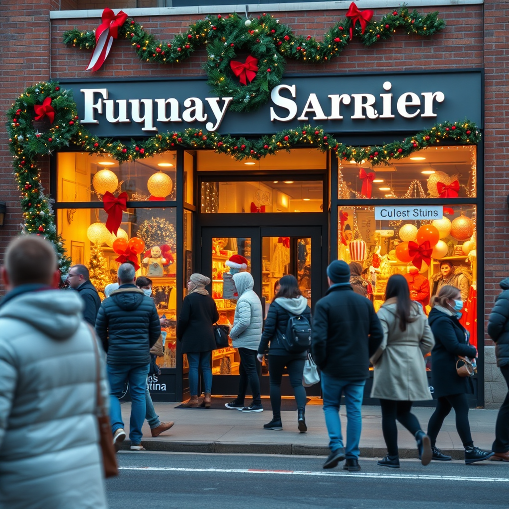 Create a photorealistic image of a Fuquay-Varina business's storefront during the holiday season. Customers are streaming into the store, drawn by the festive decorations and the excitement of holiday shopping. The scene is vibrant and bustling with activity. The camera angle is from across the street, capturing the full storefront and the flow of customers.