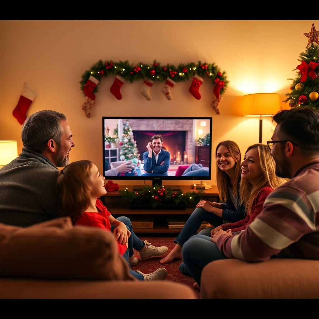 Create a photorealistic image of a family watching a Viralattraction Video Production holiday promo video on their television. The family is gathered around the television, smiling and laughing. The room is decorated with holiday decorations, including a Christmas tree and stockings. The lighting should be warm and inviting, creating a sense of coziness and comfort. The color palette should be rich in reds, greens, and golds. The camera angle should be eye-level, capturing the family's expressions and interactions.
