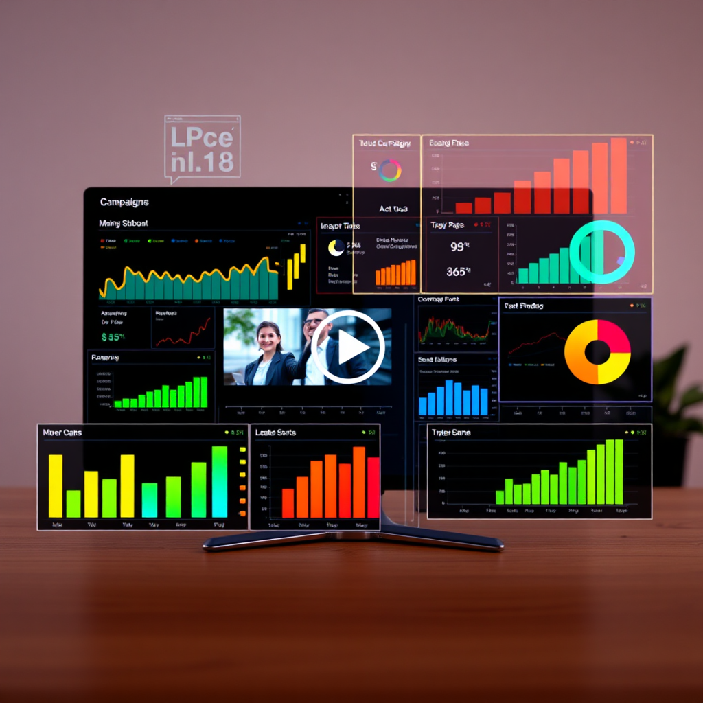 Create a sleek image showcasing data analytics and performance dashboards overlaying a video campaign screen. Incorporate charts, graphs, and key performance indicators (KPIs) in bright colors. The style should be modern and analytical.