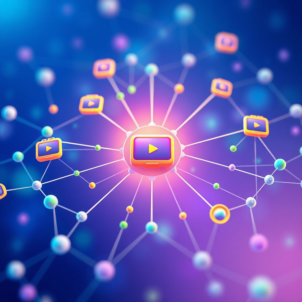 Create a stylized, high-quality 4K image. The image features a network of interconnected nodes representing a brand's reach, with video icons emanating from the central node. The color palette is vibrant, using shades of blue, green, and purple to represent growth and connectivity. The style should be modern and abstract, representing scalability and viral potential. The composition should emphasize the interconnectedness of the network, showing how videos can spread rapidly and effectively. The lighting is soft and diffused, creating a welcoming and optimistic atmosphere. Textures should be smooth and clean, giving a sense of professionalism and innovation. This image visually symbolizes Viralatraction's commitment to providing scalable video production services that help brands grow and connect with their audience.