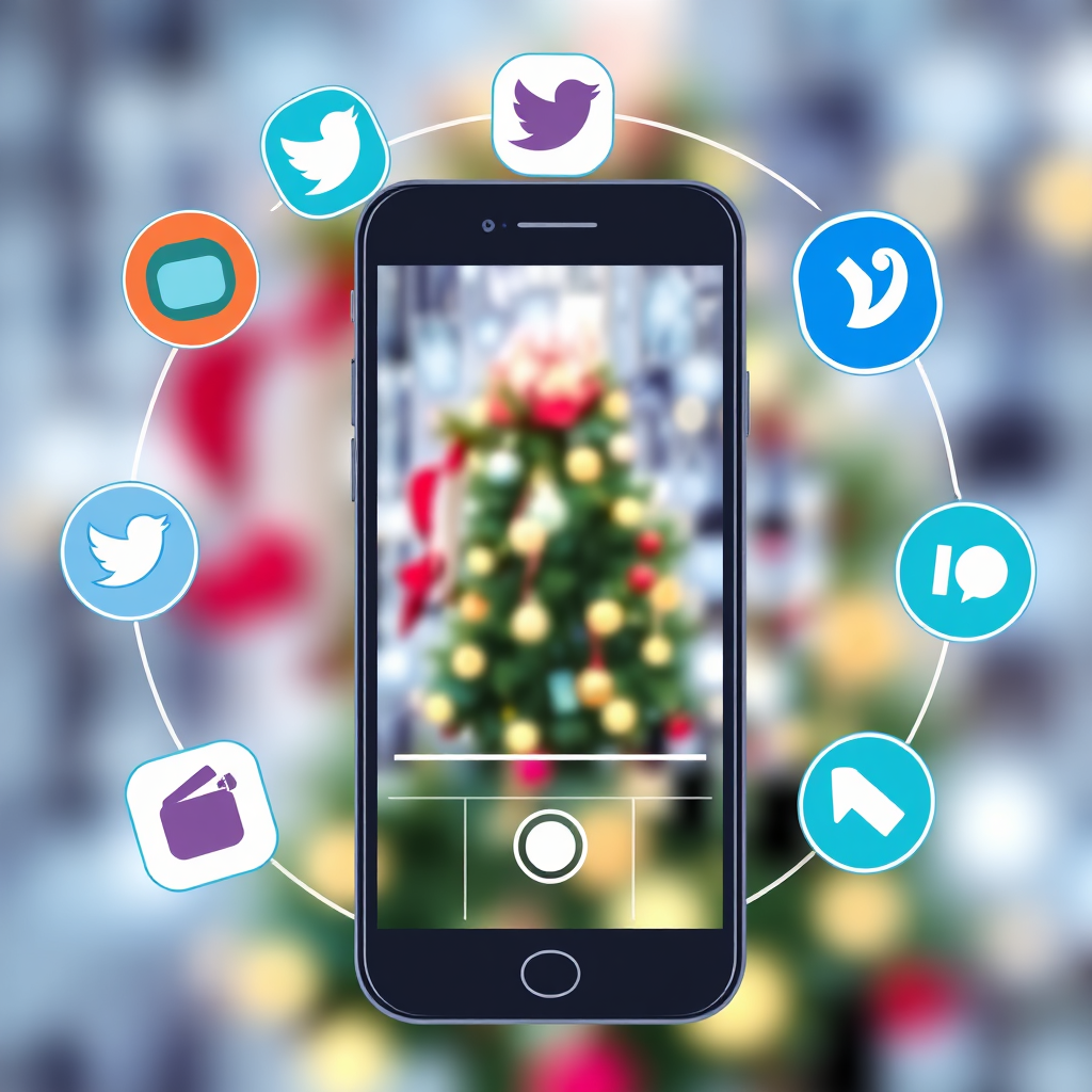 Create a stylized image depicting a smartphone screen displaying a holiday video. Social media icons surround the screen, indicating shares, likes, and comments. The background is a blurred image representing the digital world. The color palette is bright and modern, with a focus on blues and greens to represent technology and connectivity.