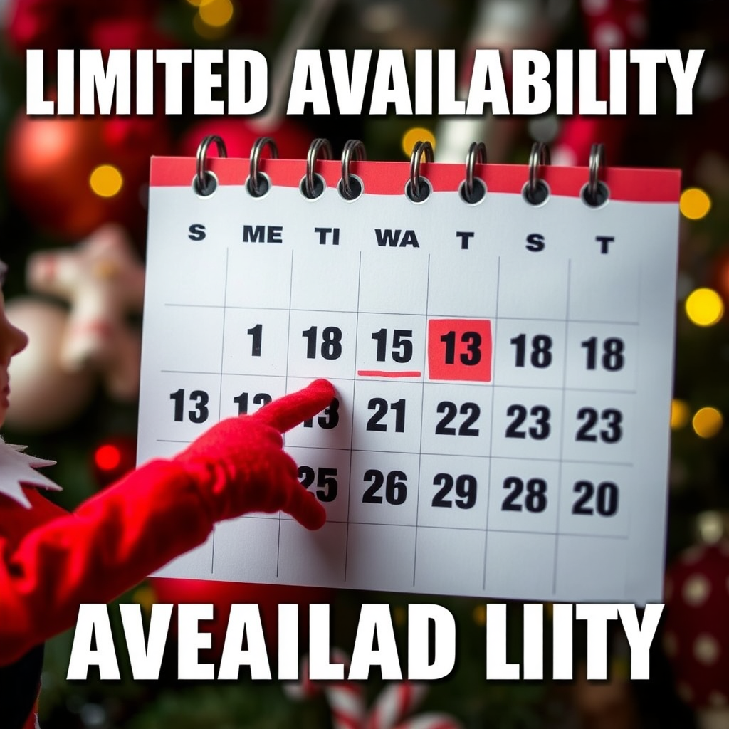 Create a stylized image of a calendar with several dates marked out, indicating limited availability. An elf is pointing to the few remaining open dates. The background is a blurred image of holiday decorations. The color palette is vibrant and urgent, with reds and yellows dominating. The camera angle is a close-up, focusing on the calendar and the elf's hand.