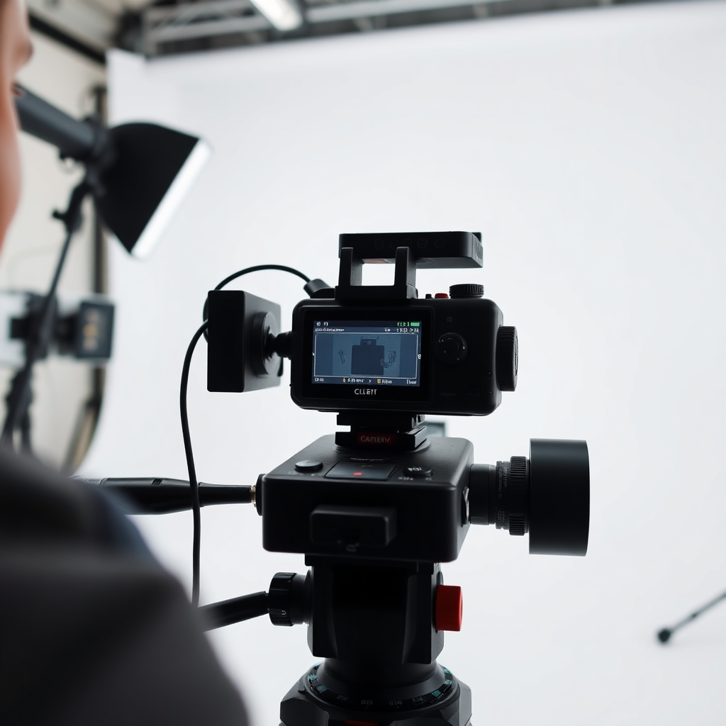 Create a stylized image of a product being filmed in a professional studio setting. The lighting is bright and even, highlighting the details of the product. The background is a clean and uncluttered white space. The camera angle is close-up, capturing the essence of the product.