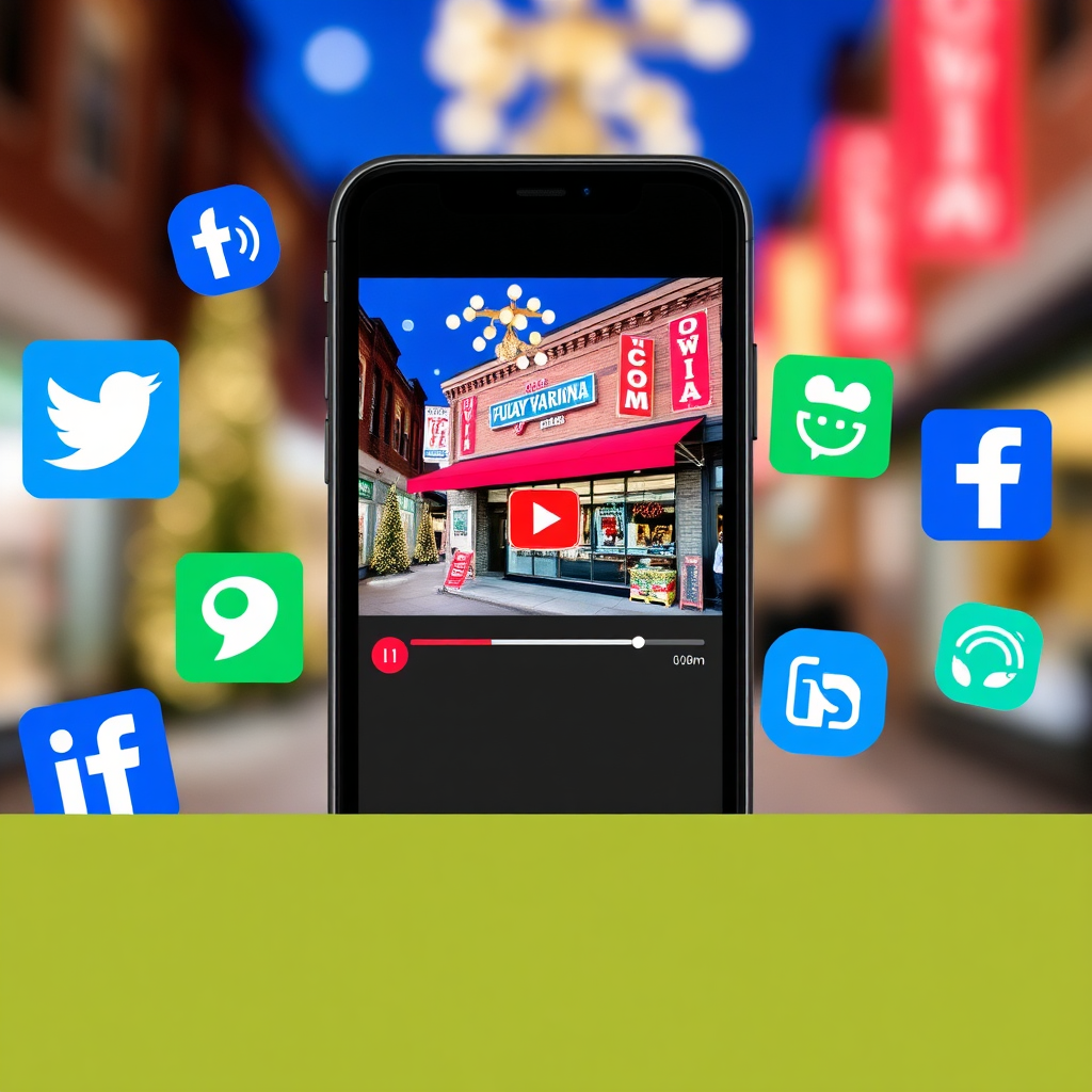 Create a stylized image of a smartphone displaying a Viralattraction Video Production holiday promo video featuring a Fuquay-Varina business. The phone is surrounded by icons representing social media platforms and online advertising channels. The background should be a blurred image of the Fuquay-Varina downtown area. The color palette should be bright and modern, with a focus on blues and greens. The camera angle should be close-up, highlighting the details of the smartphone and the surrounding icons.