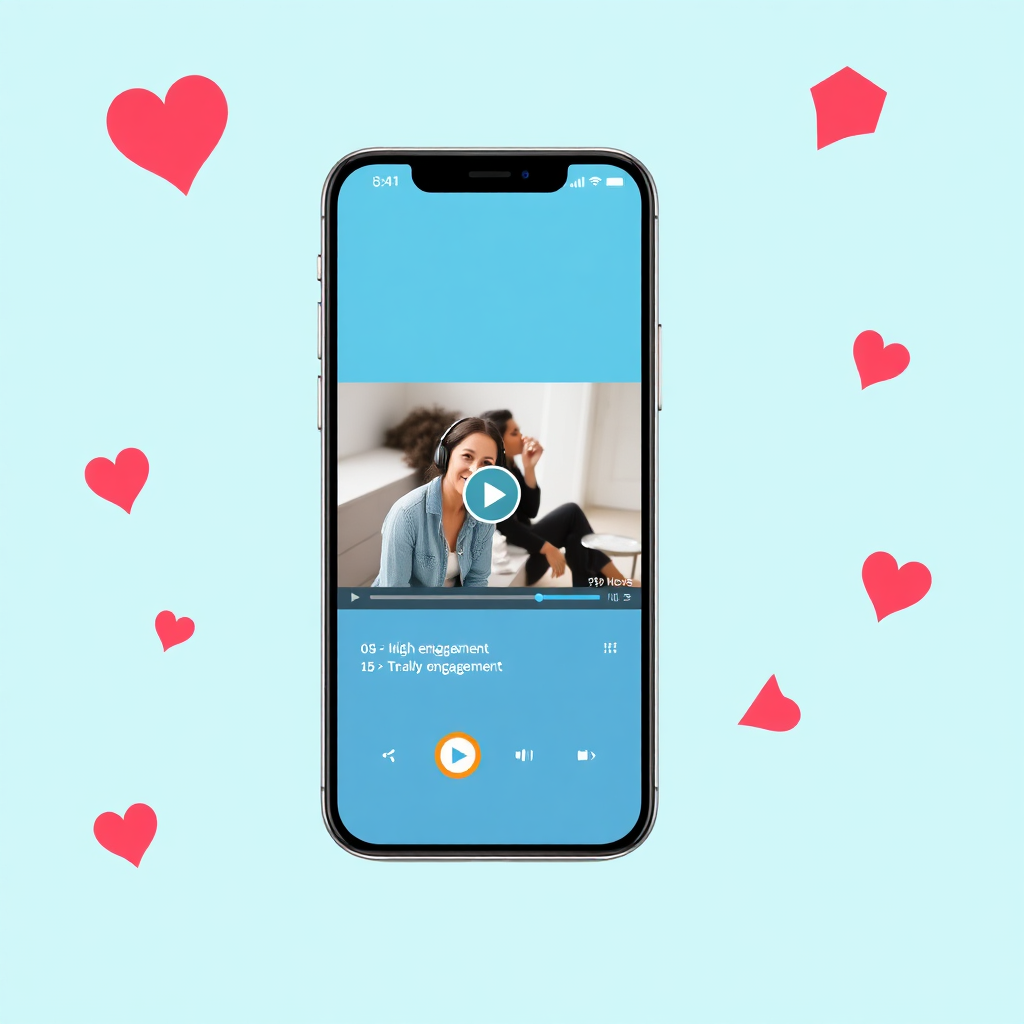 Create a stylized image of a smartphone displaying a video with a high engagement rate (likes, comments, shares). The color palette is bright and inviting. The design is modern and clean. The composition emphasizes the video's impact on the viewer, showcasing the power of quality video to drive engagement.