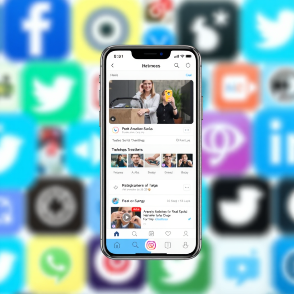 Create a stylized image of a smartphone displaying a social media feed. The feed includes video content and advertisements. The background is a blurred image of social media icons. The color palette is bright and modern, with a focus on blues and greens to represent technology and connectivity.