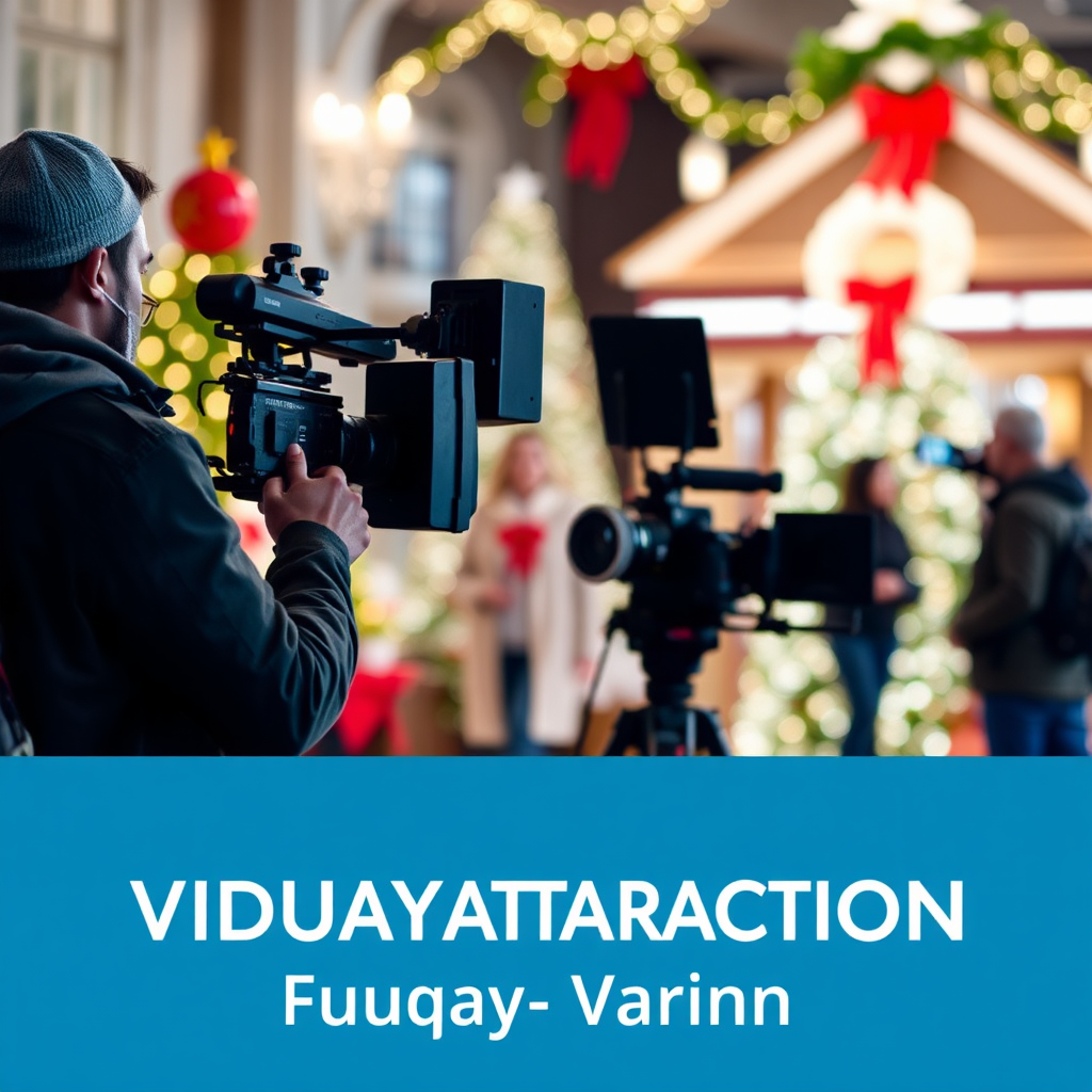 Create a stylized image of a Viralattraction Video Production crew filming a holiday scene in Fuquay-Varina. The crew is using professional video equipment and lighting. The background is a blurred image of a festive location. The color palette is bright and modern, with a focus on blues and grays. The camera angle is a wide shot, showcasing the entire crew and their equipment.