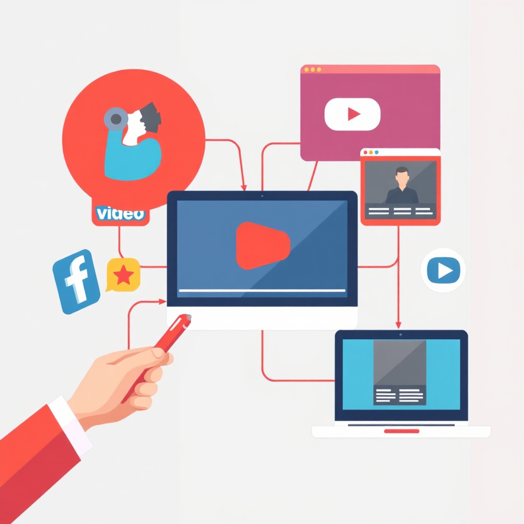Create a stylized image of a video ad being promoted across multiple online platforms, including social media, YouTube, and websites. The color palette should be vibrant and engaging, representing the reach of video marketing. The style should be modern and dynamic, conveying the effectiveness of video advertising. The composition should emphasize the interconnectedness of the platforms, showing how videos can spread rapidly and effectively.