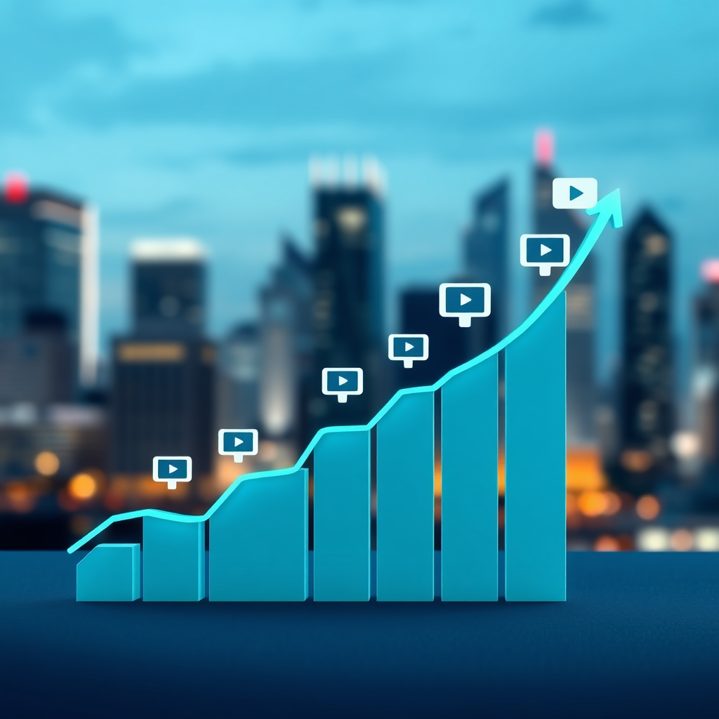  Create a stylized image showing a graph trending upwards, with video icons rising along the line. The background features a blurred city skyline at night, symbolizing business growth. The color palette should be vibrant, using shades of blue and green to represent growth and progress. The style should be modern and dynamic, conveying the scalability of Viralatraction's services. The composition should emphasize the upward trend, showing how video production can contribute to business success. The lighting is soft and diffused, creating a sense of optimism and opportunity. Textures should be smooth and clean, giving a sense of professionalism and innovation.