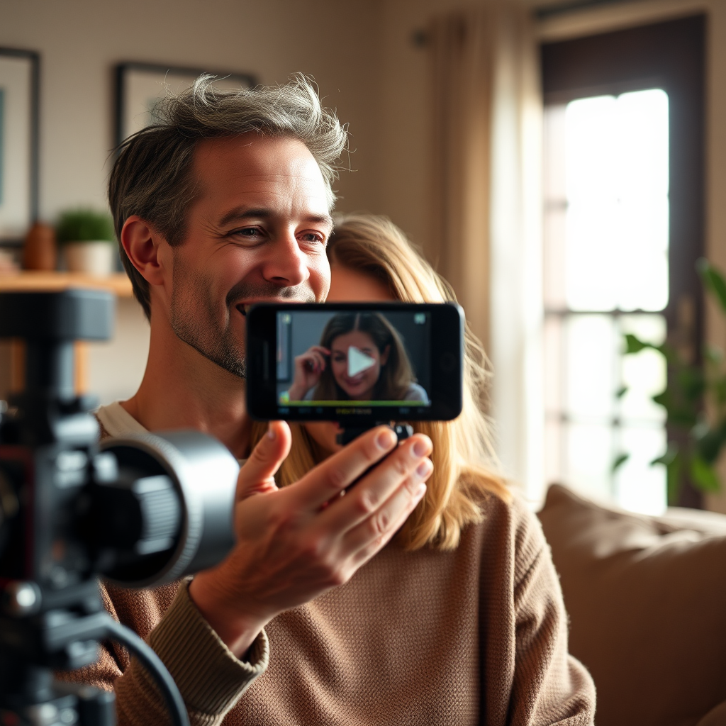 Create an authentic and heartfelt image of a business owner sharing their brand story in a professionally shot video. Warm lighting, personal setting with minimal props. The focus should be on authenticity.