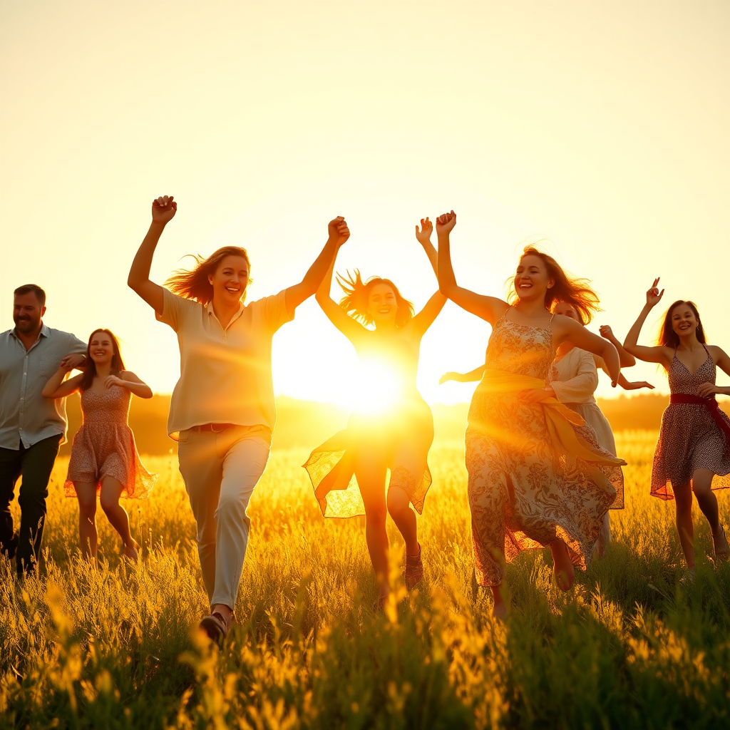 Depict a group of people dancing in a field, bathed in golden sunlight. The people are happy and free. Their movement is natural and expressive. 4k.