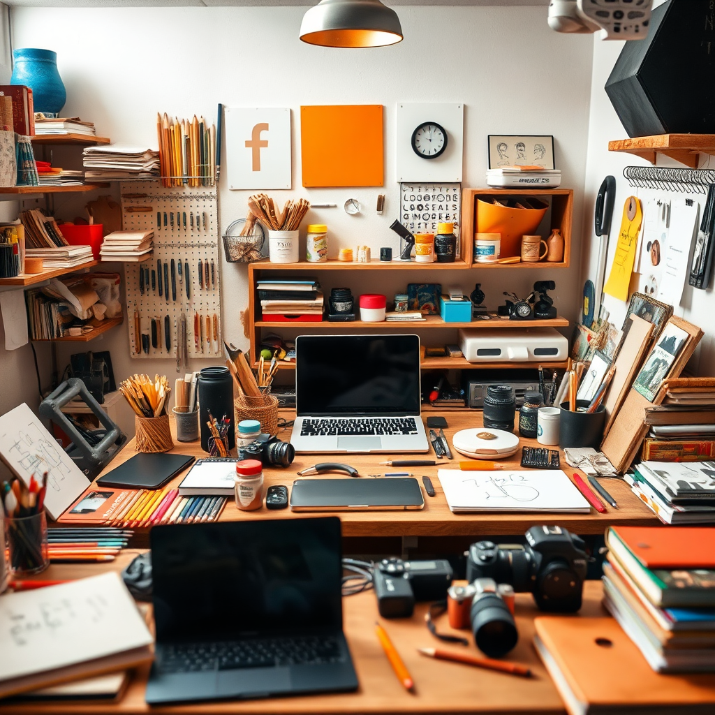 Imagine a creative workspace filled with diverse tools and materials – laptops, tablets, sketchbooks, cameras, and art supplies. The space is well-lit and organized, but also has a sense of creative energy. The background is subtly blurred, emphasizing the tools and materials. Focus on the visual representation of creativity and innovation. Use a warm color palette with accents of vibrant orange and yellow. The style should be inviting and inspiring, conveying a sense of passion and expertise. Capture the essence of 'creativity' and 'innovation'.