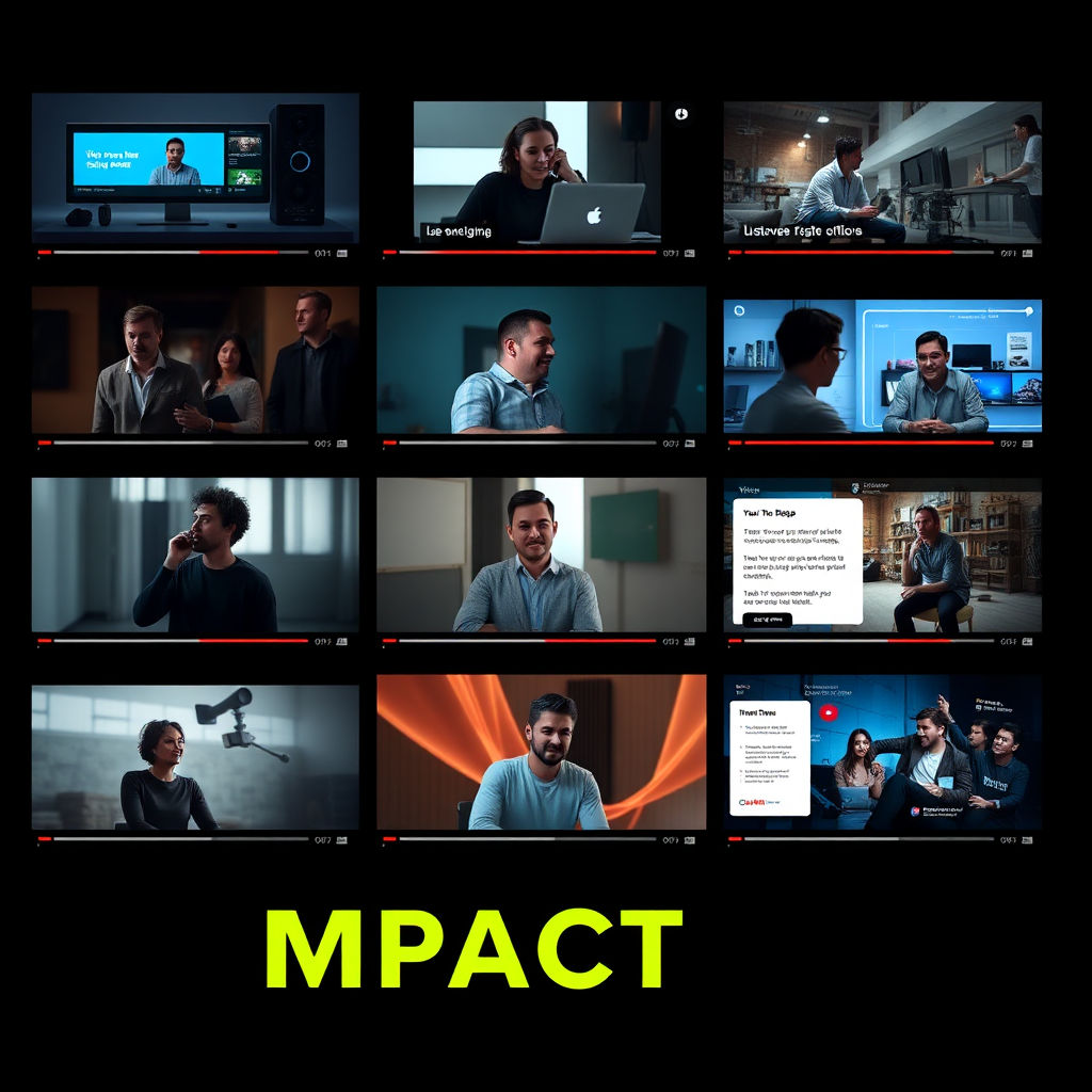 Imagine a montage of diverse video clips playing simultaneously – a sleek product demo, an emotional customer testimonial, a dynamic social media ad. Each clip is visually distinct but shares a common thread of high production quality and engaging storytelling. The background is dark and minimalist, allowing the videos to stand out. Focus on the variety of video styles and the impact they create. Use a vibrant color palette with pops of neon and contrasting hues. The style should be energetic and modern, reflecting the fast-paced nature of video marketing. Capture the essence of 'impact' and 'engagement'.