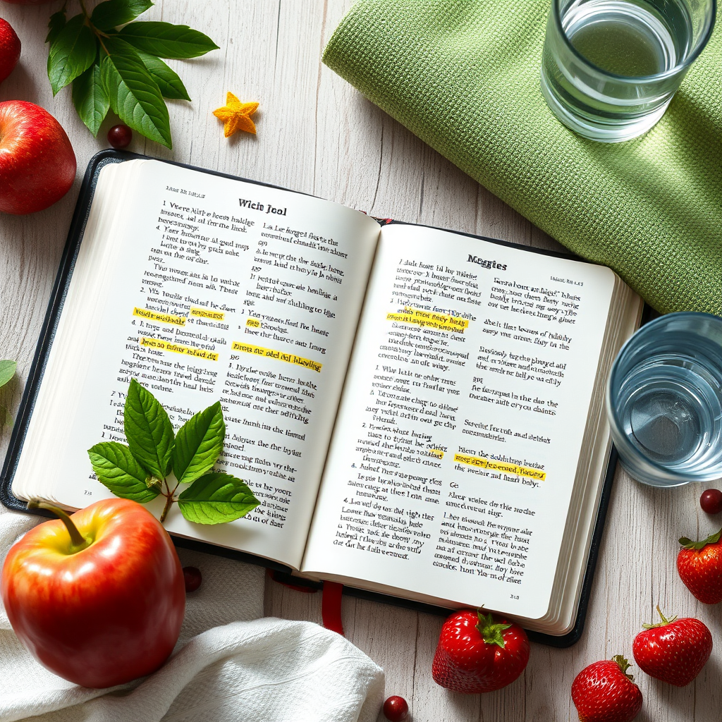Open Bible with highlighted verses about healing and well-being. Around the Bible, arrange elements representing healthy living: fresh fruits, a yoga mat, a glass of water. The light is soft and warm. The style should be inviting and informative. 4k.