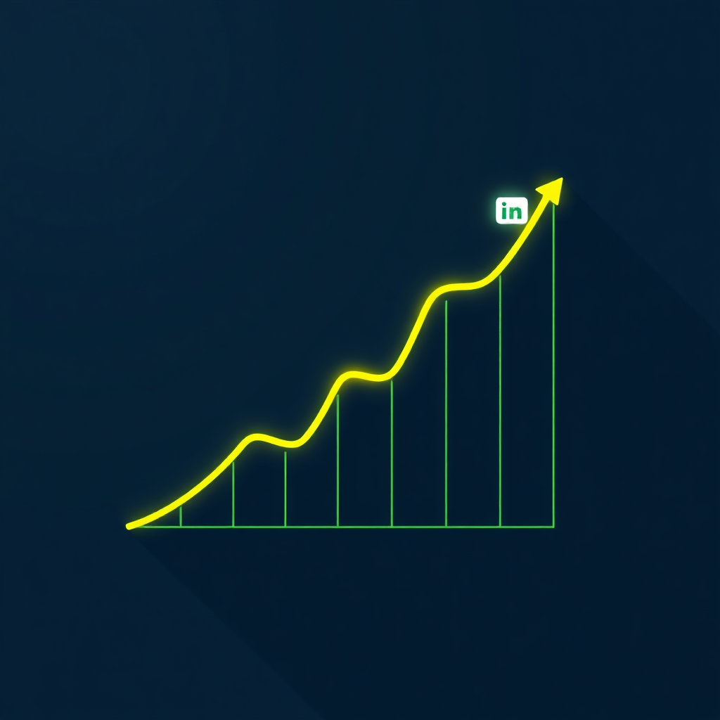 Visualize a stylized graph showing exponential growth in social media followers and engagement. The graph lines are bright and vibrant, rising sharply against a dark, minimalist background. Social media icons (Facebook, Instagram, Twitter, LinkedIn) are subtly integrated into the graph, reinforcing the connection to social media. Focus on the visual representation of growth and success. Use a cool color palette with accents of vibrant green and yellow. The style should be clean and modern, conveying a sense of professionalism and data-driven results. Capture the essence of 'growth' and 'success'.