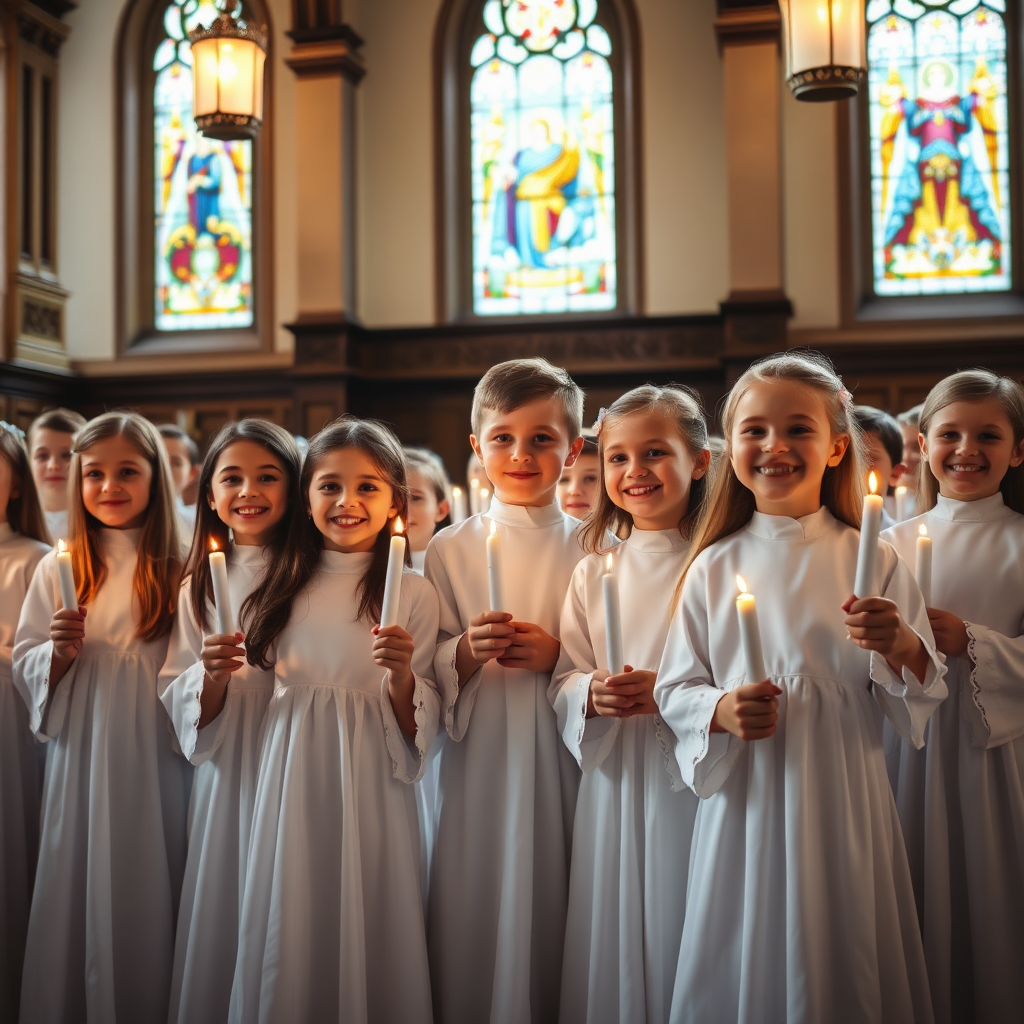 Kommunionkinder in festlicher weißer Kleidung in der Kirche