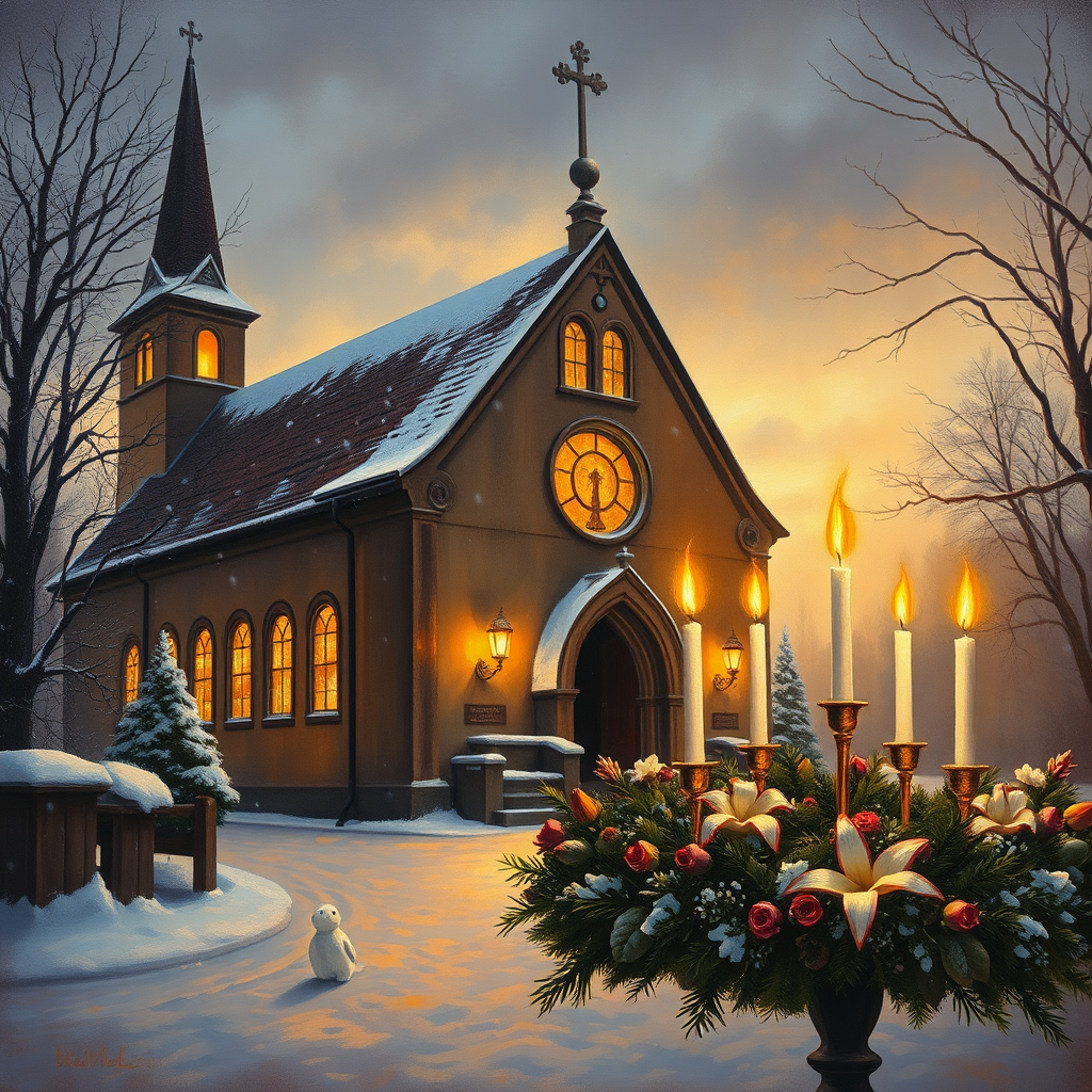 Winterliche Kirchenszene mit stimmungsvollem Adventskranz