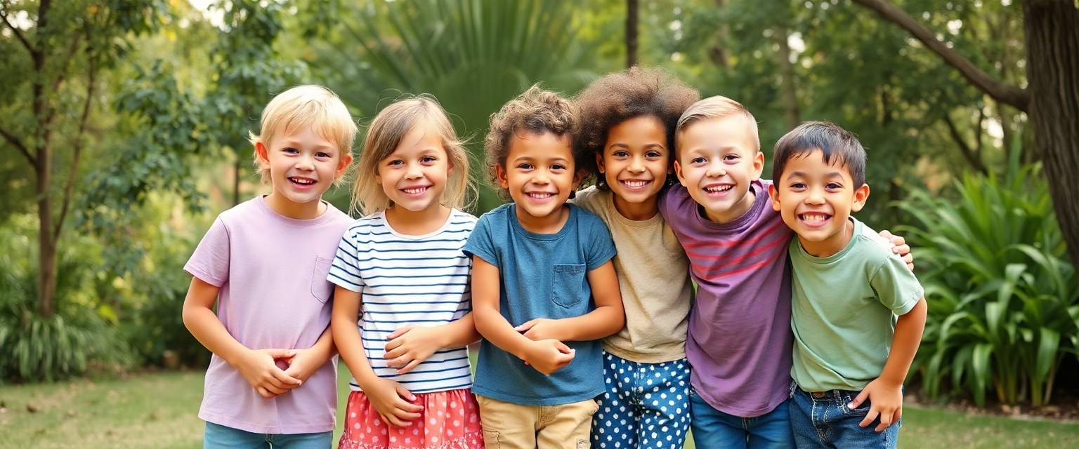 Create a photorealistic, ultra-high quality 8K resolution image depicting a diverse group of happy, confident children engaged in various activities that promote emotional wellbeing.  The composition should feature a warm, inviting environment – perhaps a brightly lit classroom or a sunny playground.  The lighting should be natural and soft, emphasizing the children's radiant expressions. The color palette should be vibrant and cheerful, using a mix of warm and cool tones to create a sense of balance and energy. The camera angle should be slightly elevated, offering a perspective that captures the children's joyful interactions. Texture details should be highly realistic, showcasing the fine textures of children's clothing, grass, or wooden play structures. The environment should exude a feeling of safety, support, and inclusivity. Relevant props might include art supplies, books, toys, or sports equipment.  The overall style should evoke a feeling of hope, resilience, and empowerment, referencing the work of photographers specializing in child portraiture known for their ability to capture authentic emotions.  The image must be hyperrealistic, with an attention to detail that captures every strand of hair, the sparkle in their eyes, and the subtle nuances of their expressions.