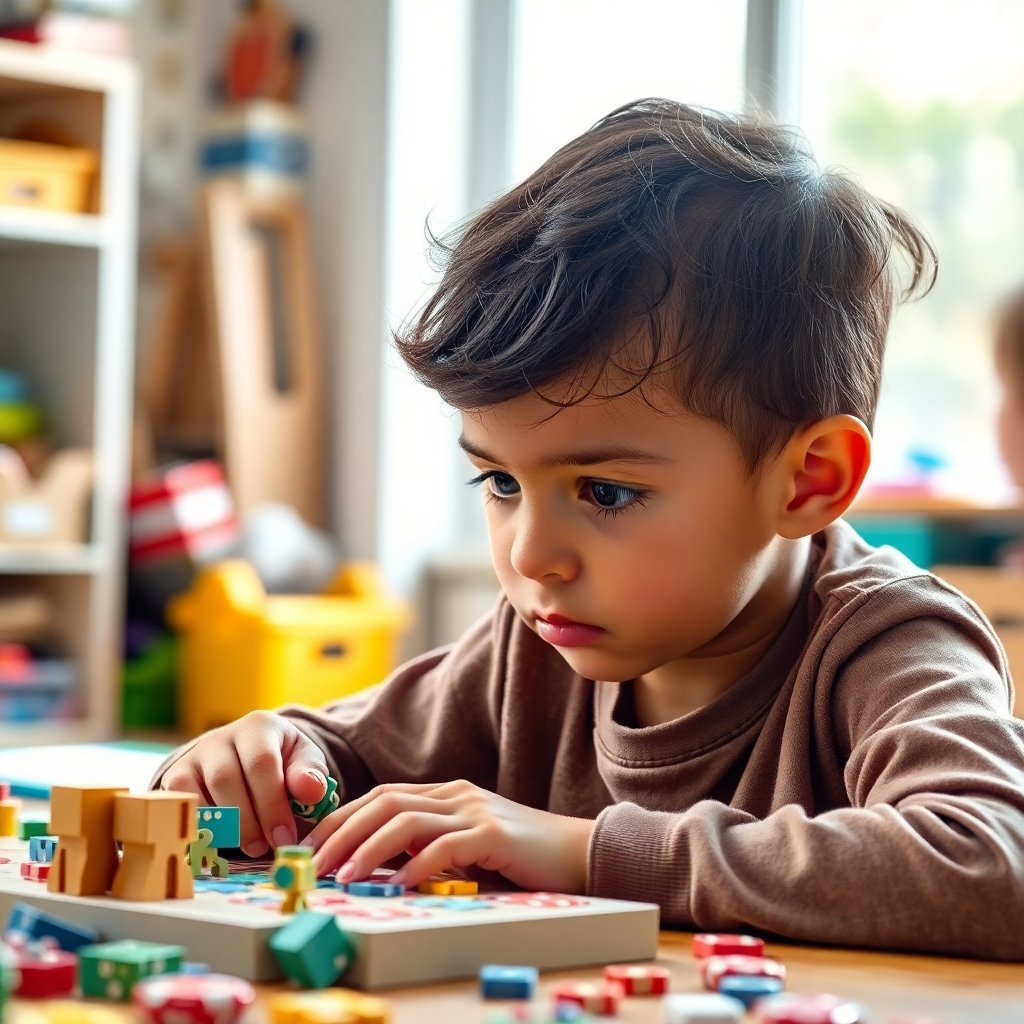 Photorealistic image of a child looking determined and focused while working on a challenging puzzle or project. Bright natural lighting with a focus on the child's determination. A palette of cheerful and bright colors, balanced with earth tones. A medium shot showing the activity and the child's face. Textures should clearly show the materials of the project. The environment should be organized and inviting. Relevant props might include puzzles, building blocks or crafting materials. Style should be energetic, optimistic and supportive.