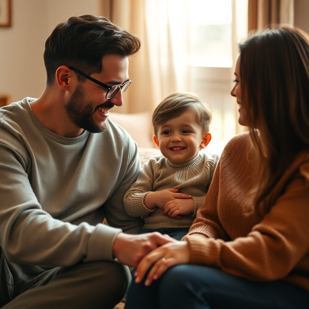 Photorealistic image showing a family spending quality time together.  Warm and inviting lighting, with a focus on mutual respect and affection.  A palette of soft and comforting earth tones. Medium to wide shot, showcasing the family interacting positively.  Visible textures of clothing, hair, and environment. Relaxed and friendly environment. The style should be authentic, genuine and optimistic.