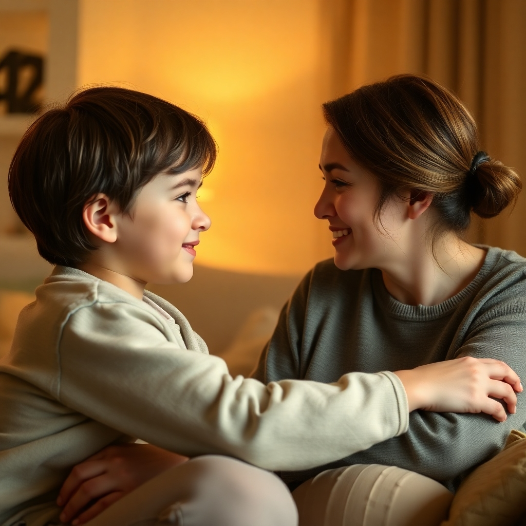 Stylized image depicting a parent or adult having a calm and positive interaction with a child, through eye contact, active listening and thoughtful conversation. Warm, soft lighting. Calming color palette using mostly muted tones. Medium shot of the interaction with a focus on the positive body language.  Soft textures are used to communicate a sense of trust. A quiet, peaceful environment. The style should be welcoming, supportive and nurturing.