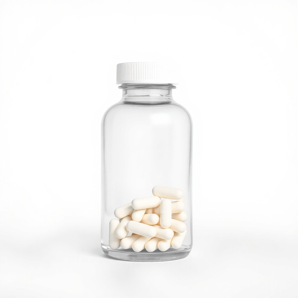 A clear glass bottle containing a supplement, positioned in front of a pristine white background. The lighting should be soft and even, highlighting the transparency of the bottle. The color palette should be minimalist, focusing on whites and subtle grays. The style should be clean and modern, conveying honesty and integrity. 4K resolution, high quality.