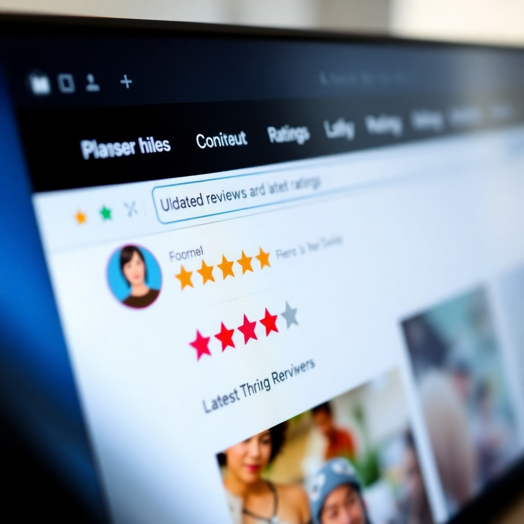 A close-up of a computer screen displaying a website with updated reviews and ratings. The screen should be bright and clear, with a focus on the latest information. The color palette should be modern and tech-focused. 4K resolution, high quality.
