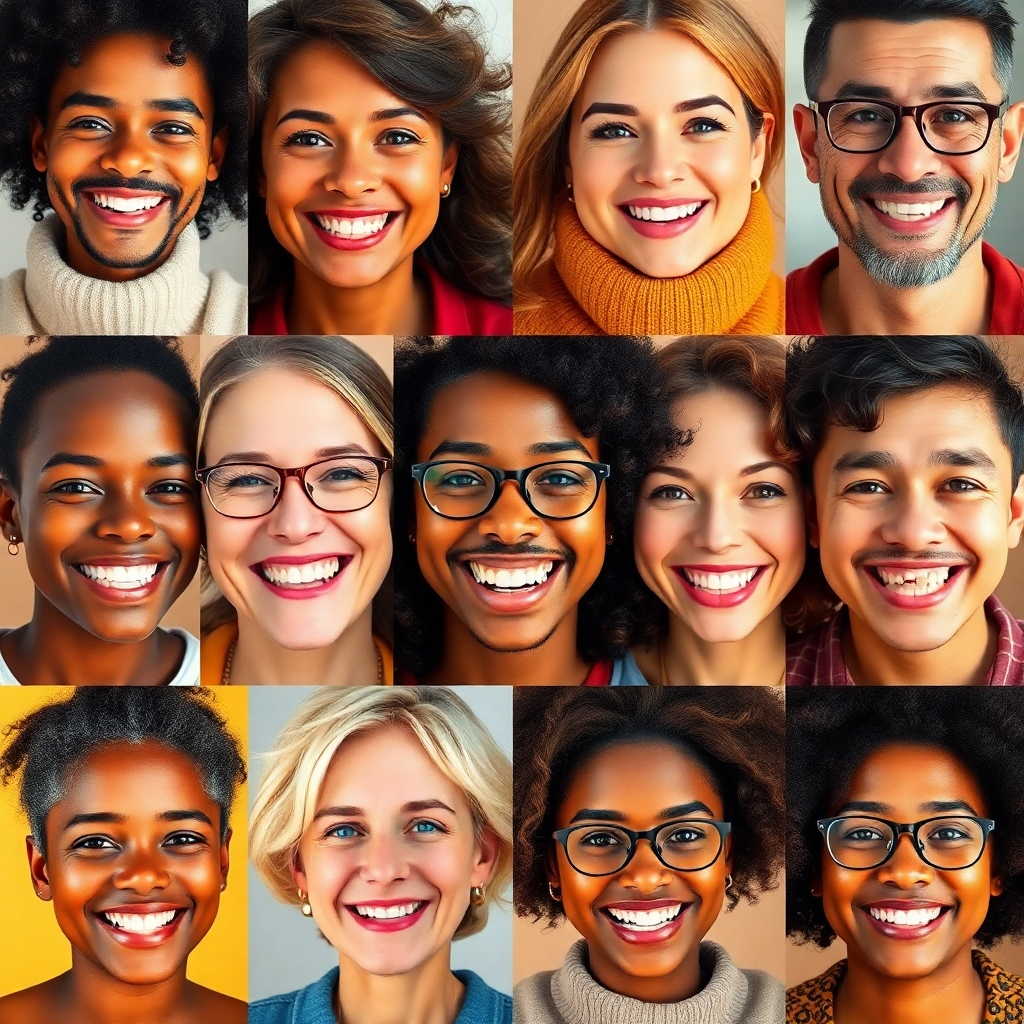 A collage of diverse faces, each expressing satisfaction and positivity. The lighting should be warm and inviting, conveying happiness and well-being. The color palette should be vibrant and cheerful. 4K resolution, high quality.