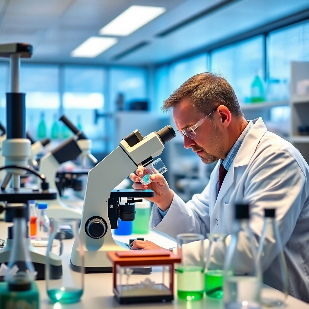 A lab setting with various scientific instruments, such as microscopes, beakers, and test tubes. A scientist is carefully examining a sample under a microscope. The lighting should be bright and sterile, conveying precision and accuracy. The color palette should be primarily blues, whites, and greens. 4K resolution, high quality.