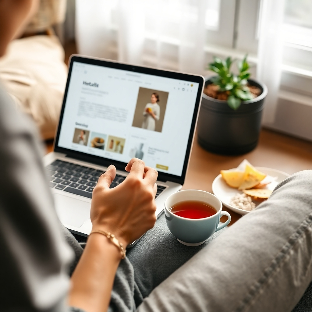 A person reading a product review on a laptop, with a cup of tea and some healthy snacks nearby. The scene should be cozy and inviting, conveying relaxation and focus. 4K resolution, high quality.