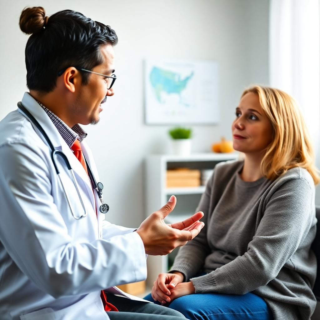 A person receiving personalized health advice from a doctor or nutritionist, with a focus on patient care and guidance. The scene should be well-lit and professional. 4K resolution, high quality.