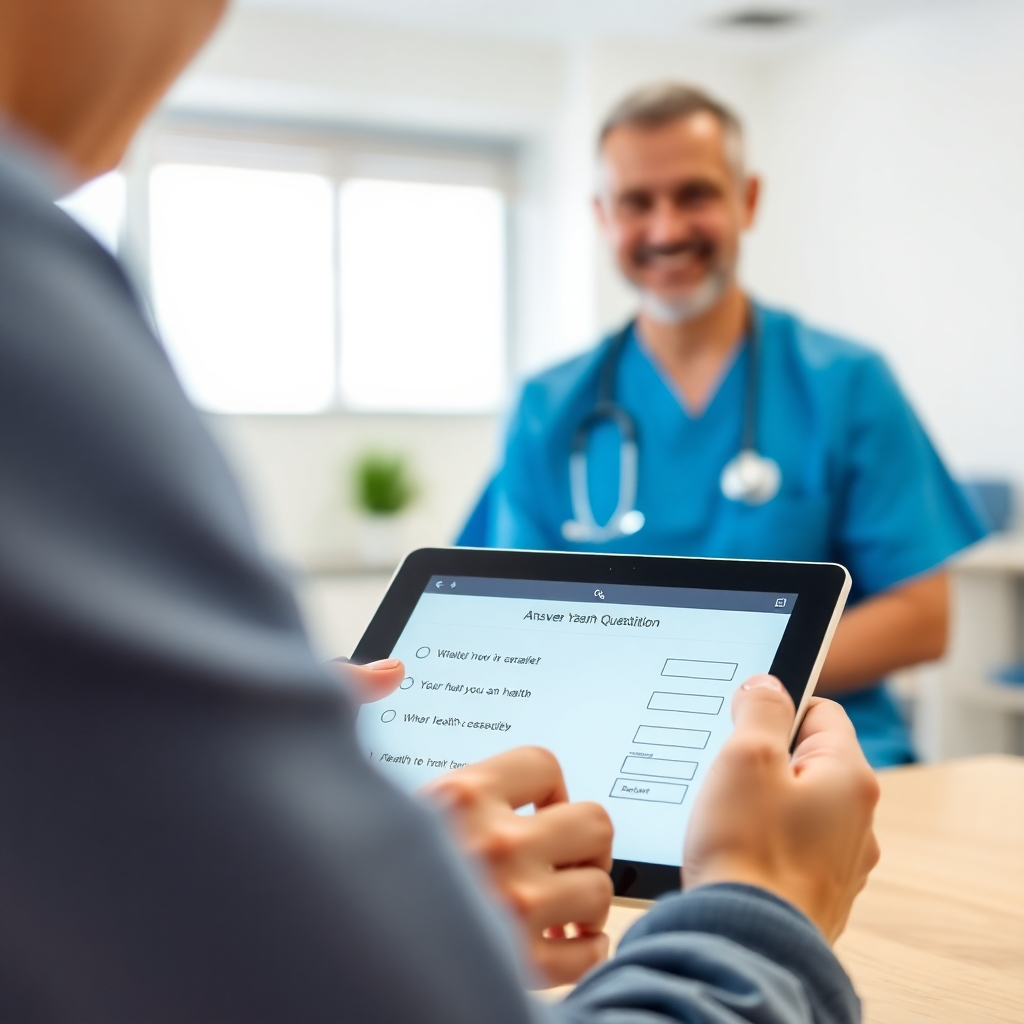A person using a tablet to answer a health questionnaire, with a friendly doctor in the background. The scene should be well-lit and professional, with a focus on patient care and technology. 4K resolution, high quality.