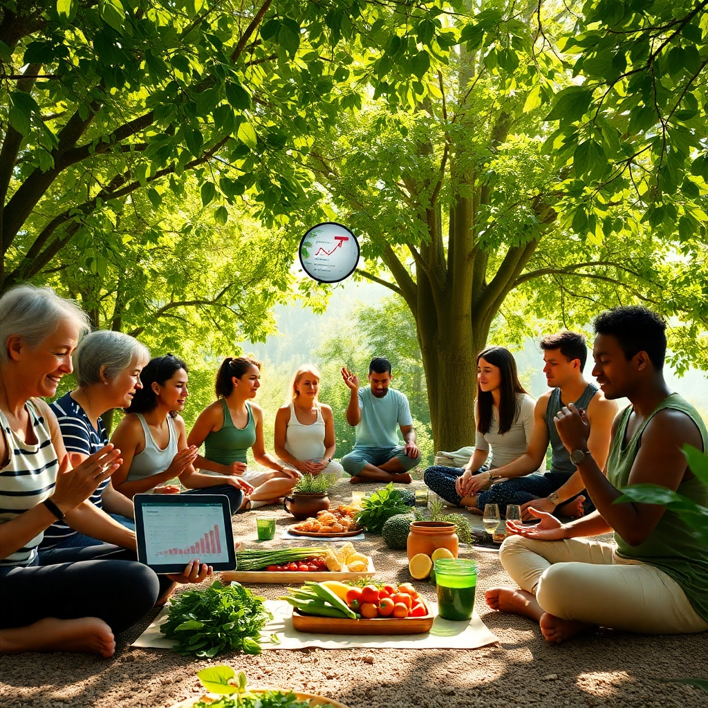 A photorealistic image representing Truth Naturals' mission. The scene should depict a diverse group of people (different ages, ethnicities) engaged in various healthy activities – exercising, preparing nutritious meals, meditating. Sunlight filters through lush green trees, casting dappled shadows on the scene. The color palette should be warm and inviting, with earthy tones and vibrant greens. The composition should create a sense of community and well-being. Incorporate subtle visual cues representing scientific analysis and research, such as a tablet displaying data charts or a magnifying glass examining a leaf. The style should be aspirational yet grounded in reality. 4K resolution, high quality.