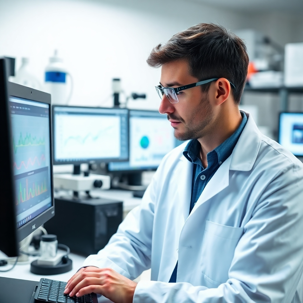 A scientist in a lab coat analyzing data on a computer screen, with various scientific instruments in the background. The lighting should be bright and professional. 4K resolution, high quality.