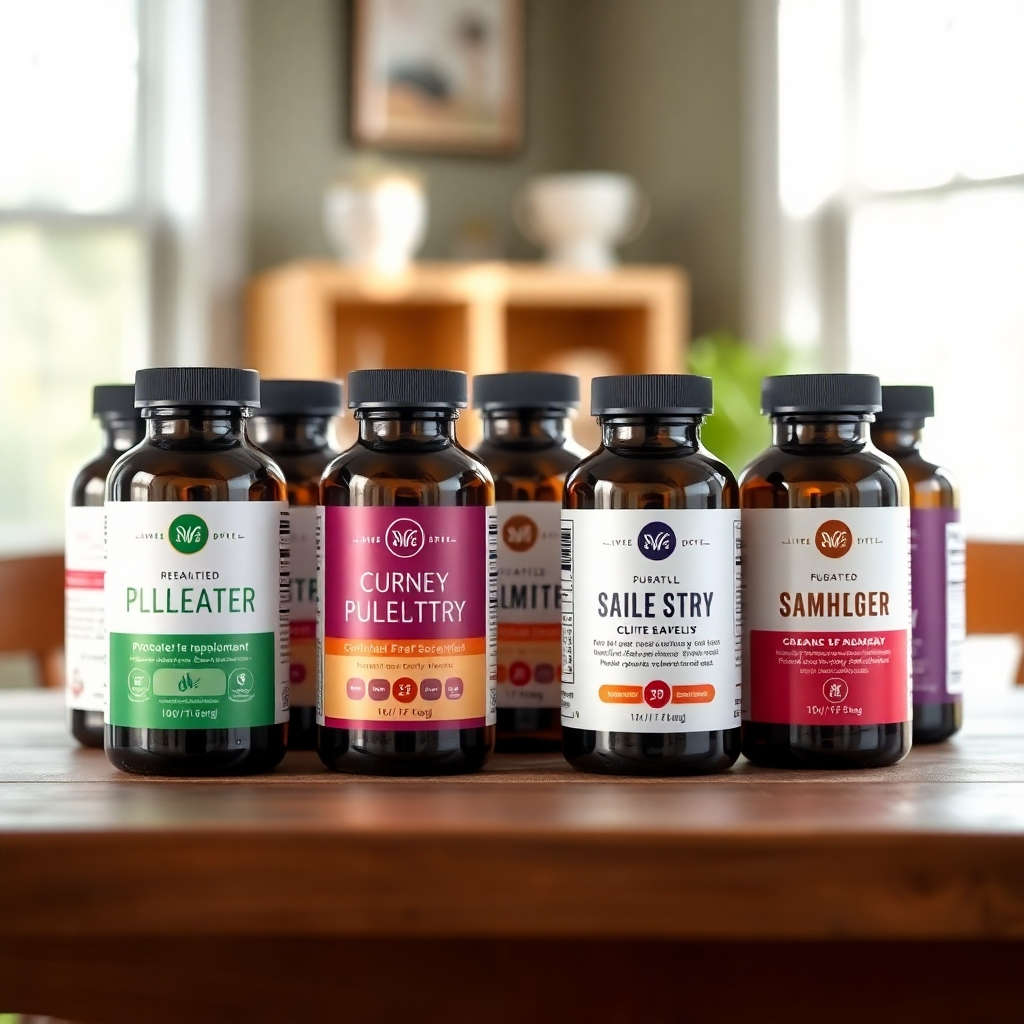 A selection of top-rated supplement bottles arranged on a wooden table with natural sunlight illuminating them. The bottles should have clean, modern labels. The color palette should be earthy and natural. 4K resolution, high quality.
