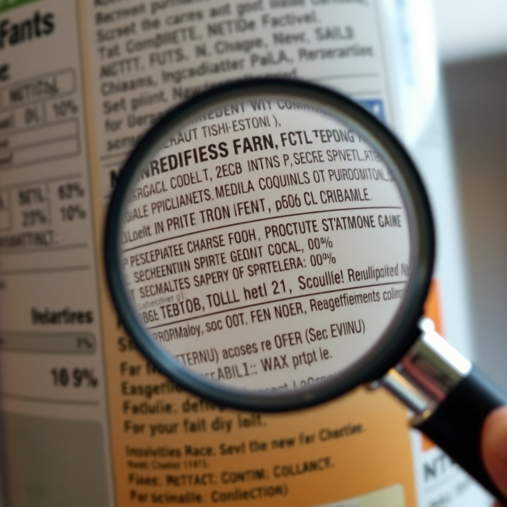 A well-lit product label being closely examined with a magnifying glass. The label should be densely packed with information, highlighting the complexity of ingredient lists. The color palette should be neutral, allowing the text on the label to stand out. The style should be informative and clear, similar to an educational infographic. 4K resolution, high quality.
