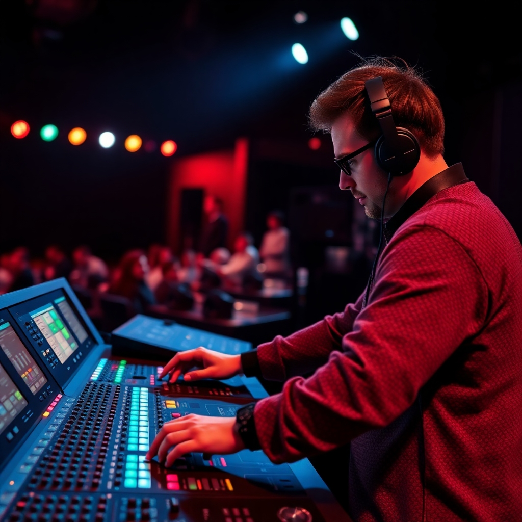 A detailed image showcasing a professional sound engineer working on a mixing console during a live music event. The scene should emphasize the technical expertise involved in creating a high-quality audio experience. The lighting is dramatic, highlighting the equipment. 4K resolution, high quality.