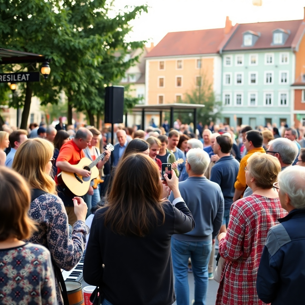 A photograph showcasing a community music event in Telemark. The image depicts a diverse group of people enjoying a live performance in a local park or town square. The scene should be filled with warmth and energy, capturing the sense of community spirit. The lighting should be natural and inviting. 4K resolution, high quality.