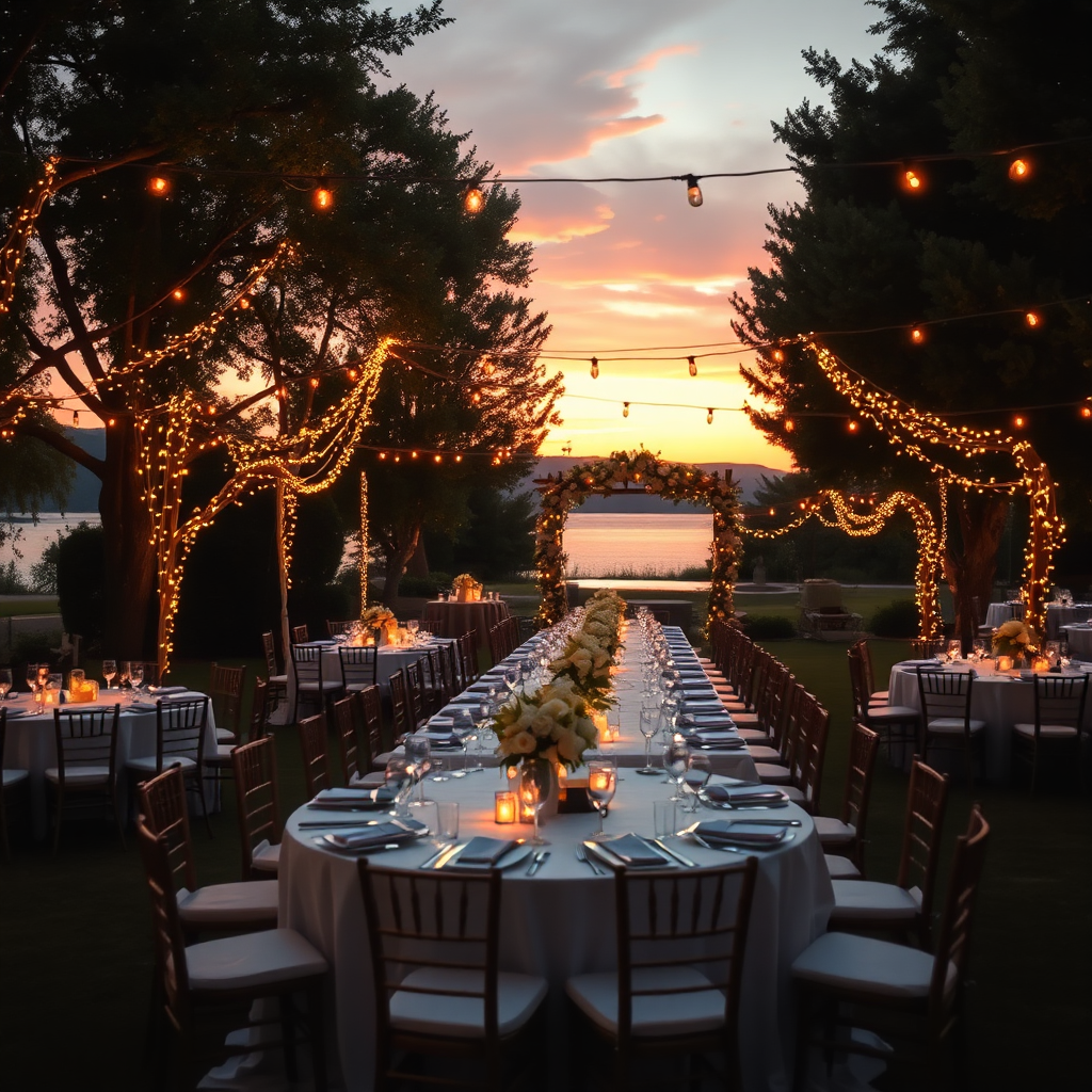 Elegant outdoor wedding reception at sunset