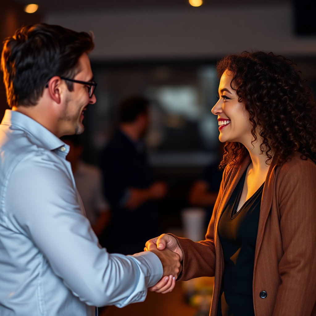 A warm and inviting image of a happy client shaking hands with a representative from the music booking agency. The scene should convey a sense of trust and satisfaction, highlighting the agency's commitment to customer service. The lighting should be soft and flattering. 4K resolution, high quality.