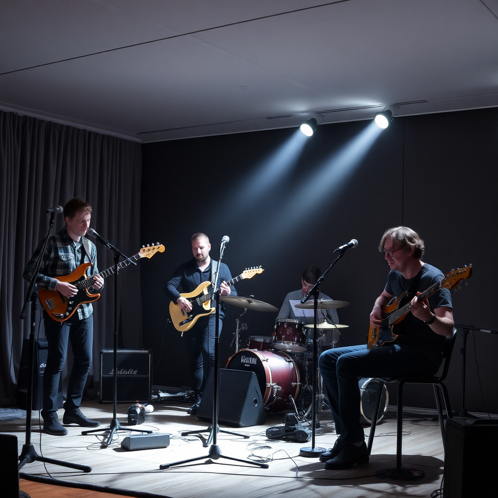 A stylized image showcasing a diverse range of musicians, each representing a different genre (rock, jazz, folk, pop). The musicians are arranged in a visually appealing composition, possibly standing in front of a stylized map of Telemark with musical notes flowing across it. The color palette is vibrant and varied, reflecting the diversity of musical styles. The image should convey a sense of endless possibilities and choices for music booking. 4K resolution, high quality, illustration style.