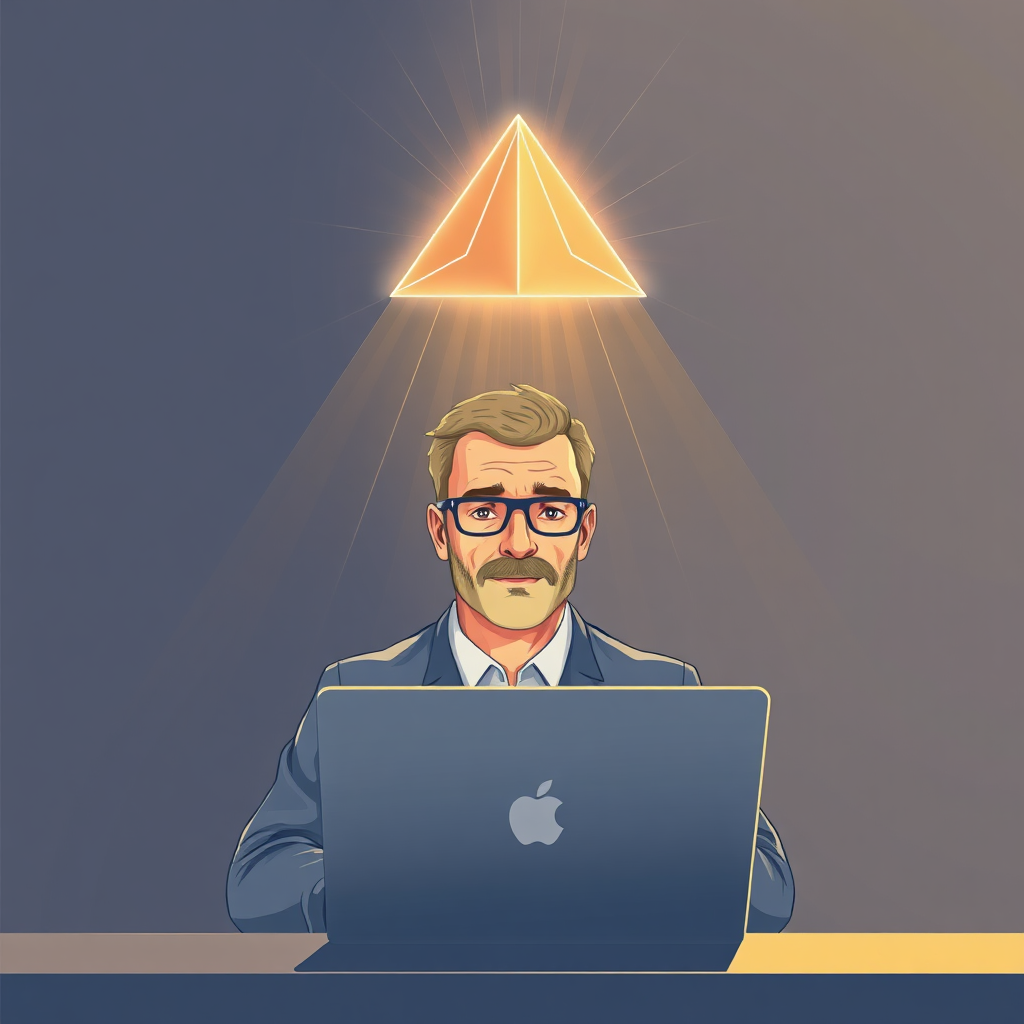 A beam of light shines upon a coach who is sitting in front of a laptop. A holographic pyramid is projecting above the head of the coach. The beams shining on the coach are bright, warm and inviting. Style: Modern, graphic, illustration. 4K resolution, high quality.