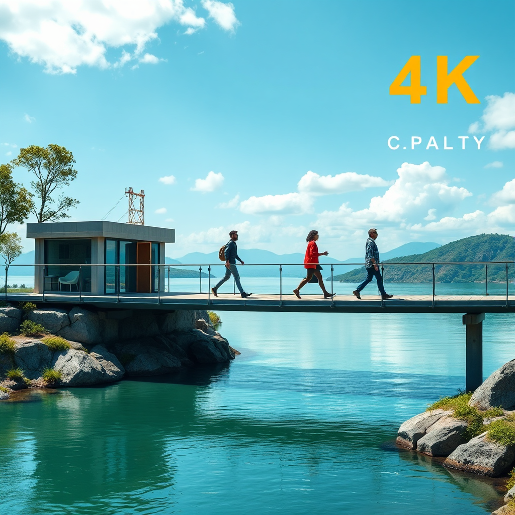 A bridge connects a physical coaching office on one side to a vibrant online coaching platform on the other. Coaches are walking across the bridge with confidence. 4K resolution, high quality.
