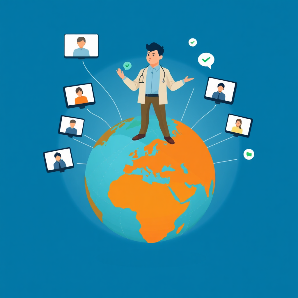 A coach stands atop a stylized globe, connecting with multiple screens representing different clients across the world. The globe is partially transparent, revealing interconnected data streams. The coach is gesturing confidently, symbolizing their reach and impact. The color palette is vibrant, with blues, greens, and oranges representing global connectivity and growth. Style: Modern, graphic, illustration. 4K resolution, high quality.