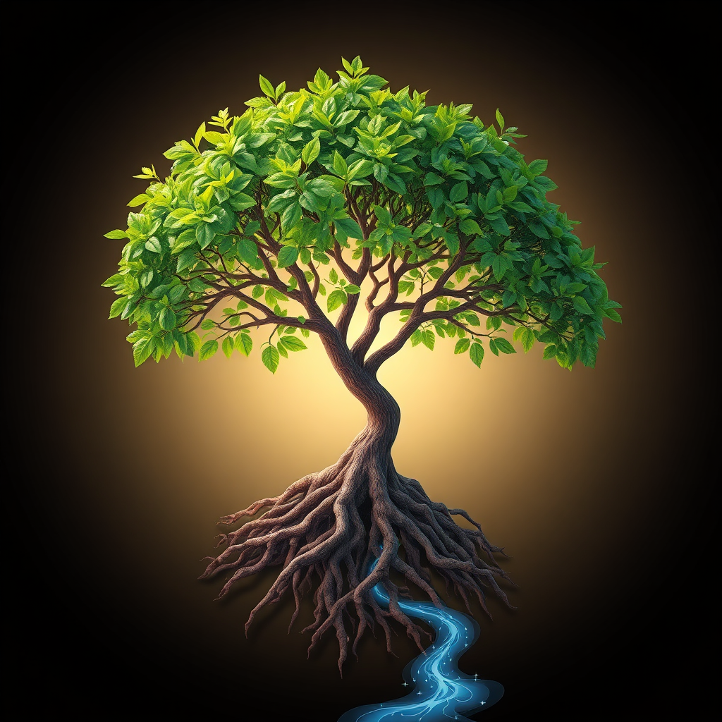 A flourishing tree growing stronger roots, nourished by a stream of online clients. 4K resolution, high quality.