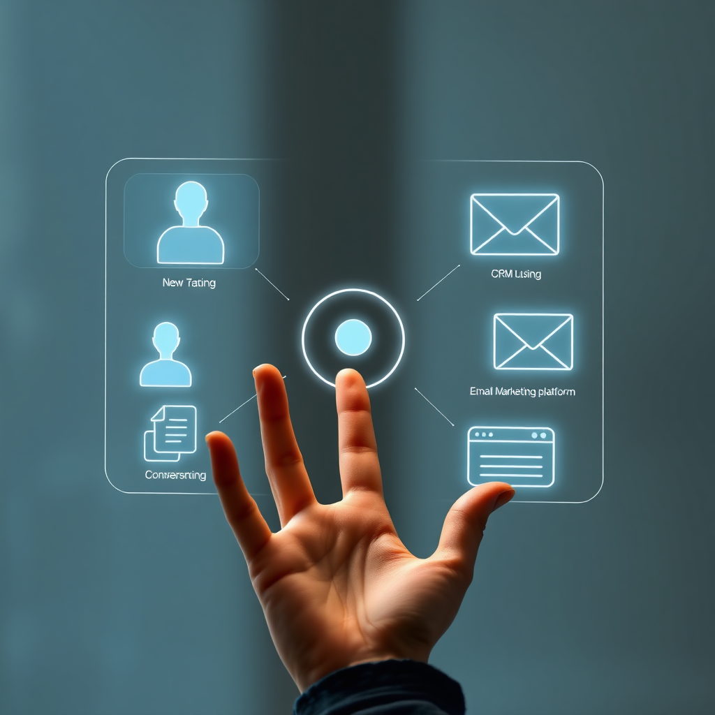 A hand interacts with a holographic display showcasing various digital tools used in online coaching: video conferencing software, CRM, email marketing platform. 4K resolution, high quality.