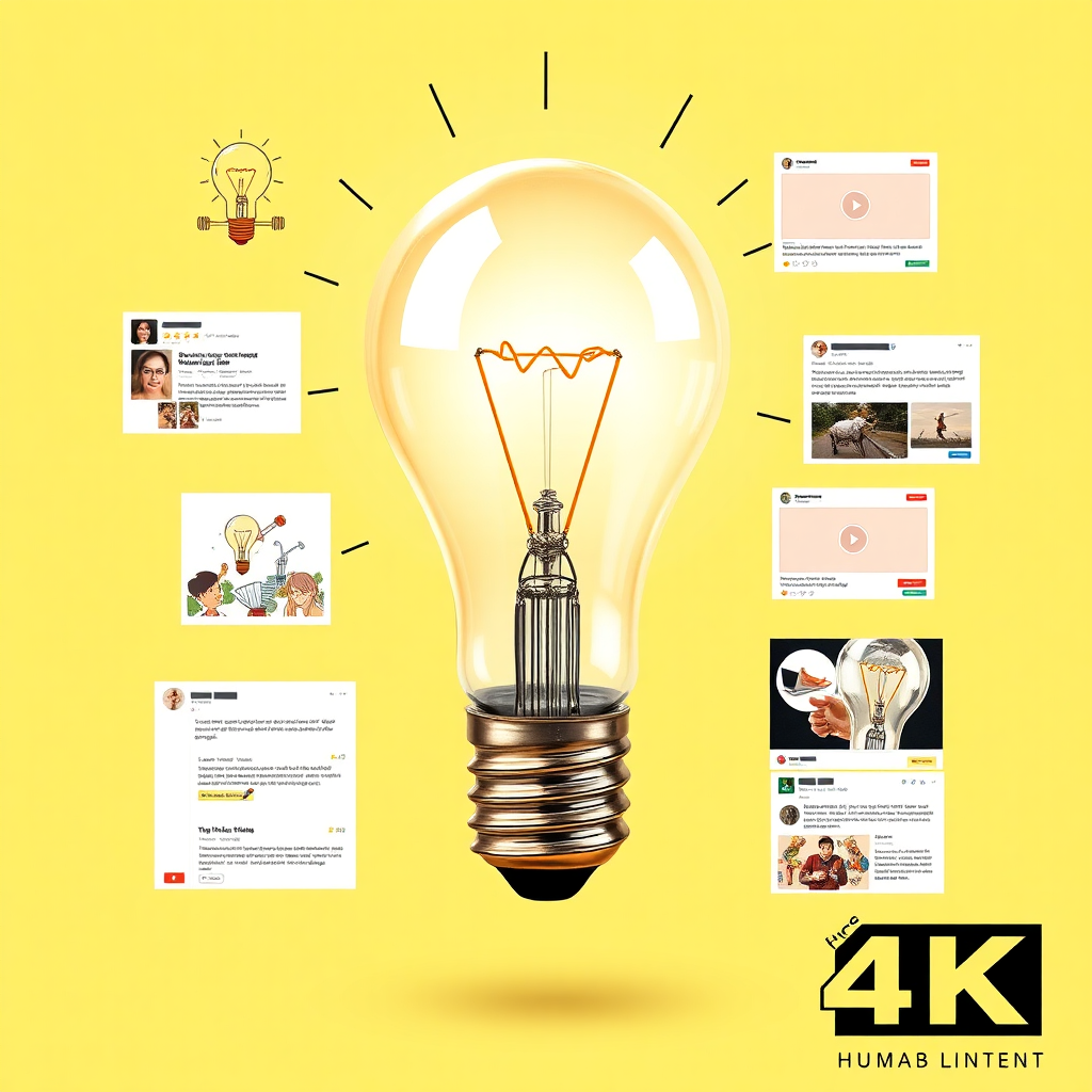 A lightbulb bursting with ideas, transforming into various forms of content: blog posts, videos, social media posts. 4K resolution, high quality.