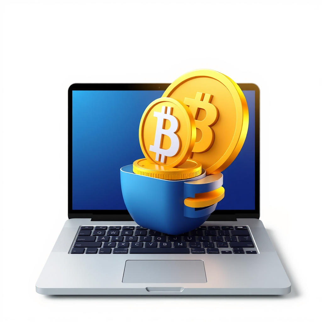 Image of a golden coin transforming into an online course platform on a laptop screen. Style: Modern, graphic, illustration. 4K resolution, high quality.