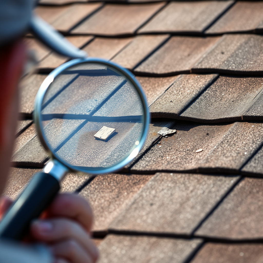 Create a close-up image of a person inspecting a roof with a magnifying glass. Focus on the details of the shingles, highlighting potential signs of damage such as cracks, granules, or missing pieces. The lighting should be bright and direct to reveal these imperfections. The background is slightly blurred to keep the focus on the inspection. 4K resolution, photorealistic.